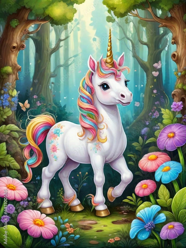 Obraz premium Painting of a beautiful unicorn in the forest, Ai