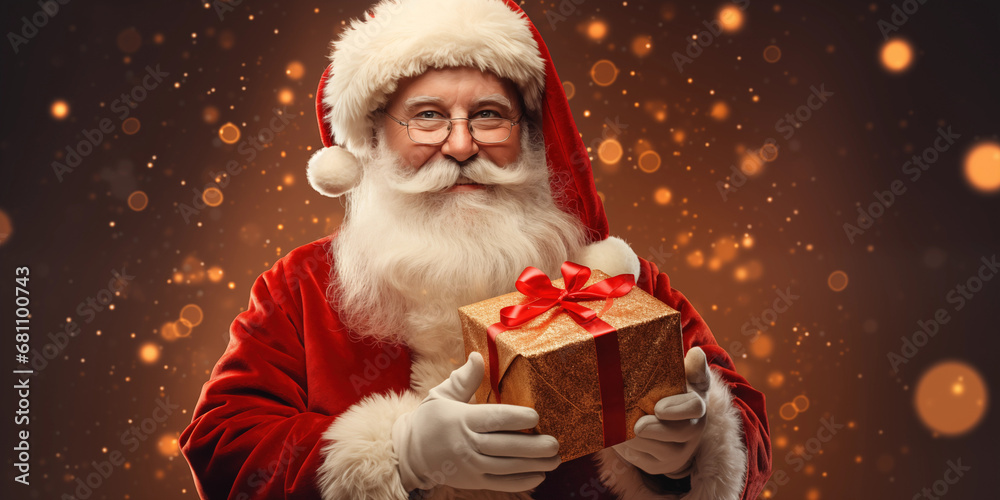 Merry Christmas, New Year's Eve concept, Happy Santa Claus holding gift box over defocused blue bokeh background with copy space, generative ai Merry Christmas, New Year's Eve concept, Happy Santa Claus holding gift box over defocused blue bokeh background with copy space, generative ai