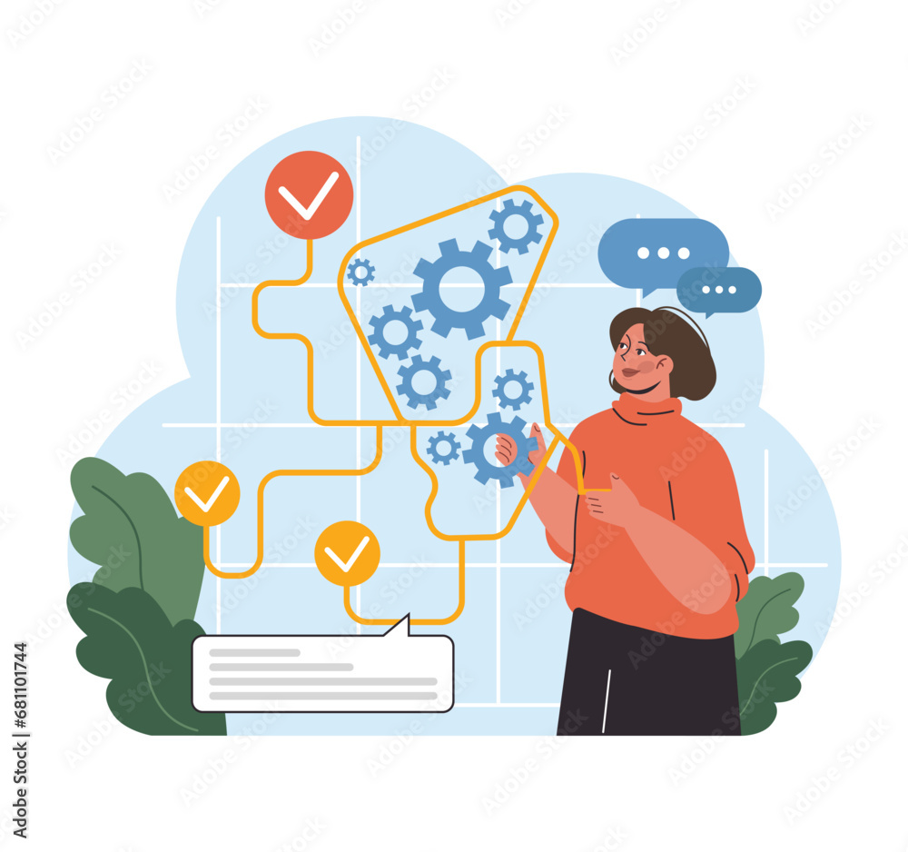 Problem-solving dynamics concept. Woman integrates cogs into flowchart, optimizing processes. Divergent thinking, efficiency boost. Flat vector illustration.