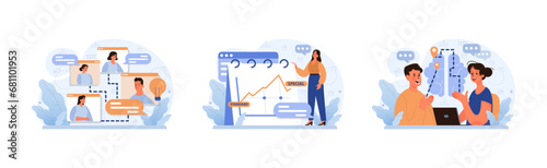Digital Communication set. Remote team collaboration, trend analysis, and online discussions. Engaging virtual meetings, data presentation. Modern workplace dynamics. Flat vector illustration