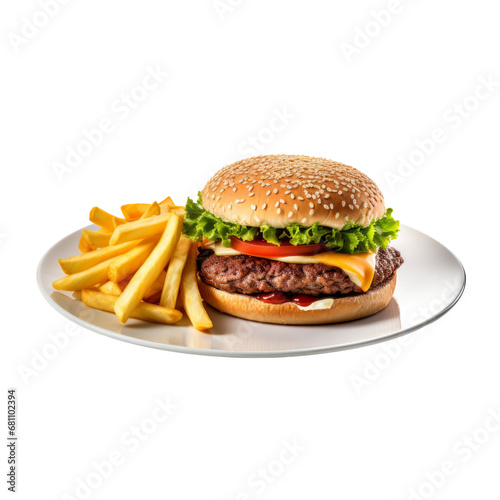 Burger on white plate isolated on transparent background. Ai generated.