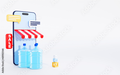 Bottled water delivery service, mobile app concept, 3d render