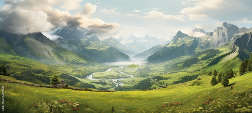 a green valley with mountains and flowers, a bright blue sky a green valley with mountains and flowers, a bright blue sky