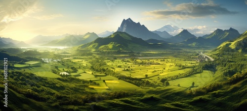 a green valley with mountains and flowers, a bright blue sky