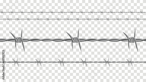 Barbed wire seamless on a transparent background. Wire with clusters of short, sharp spikes, to make fences or obstruction. 3d realistic vector illustration.