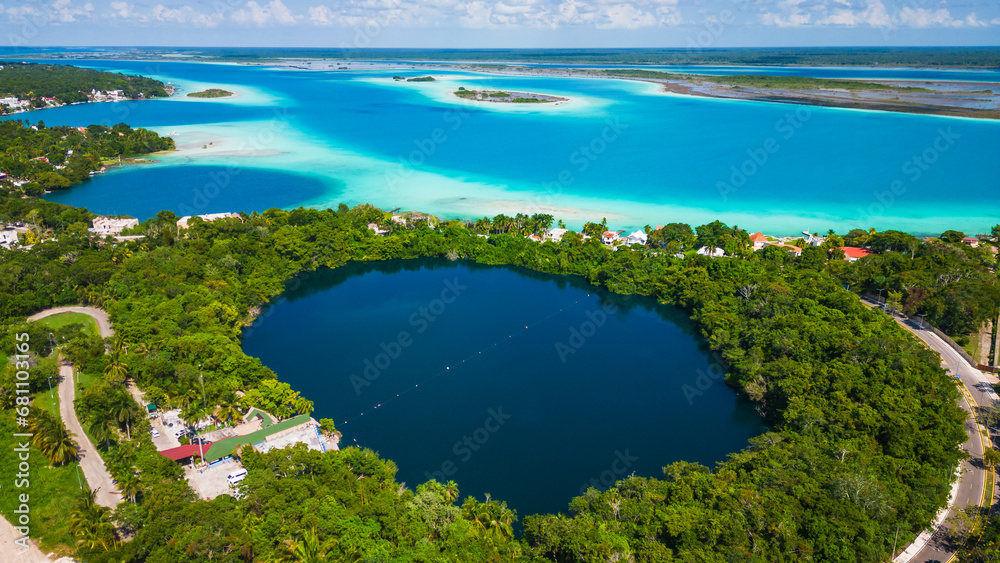 Aerial view of cenote in Bacalar Mexico travel holiday destination - obrazy, fototapety, plakaty 
