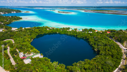 Aerial view of cenote in Bacalar Mexico travel holiday destination photo