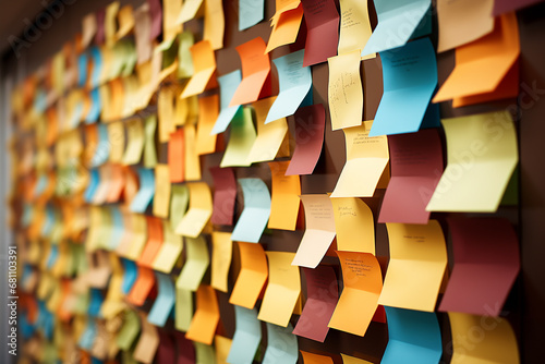 Colorful sticky notes on the wall with office background
