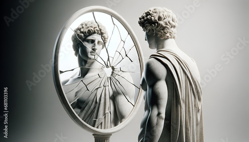 altgriechische Marmorstatue schaut in zersprungenen Spiegel, kaputtes Selbstbild photo