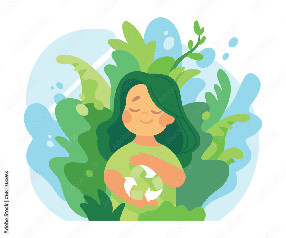 Ecology with Little Girl Character with Recycle Sign Enjoy Sustainable Lifestyle Vector Illustration Ecology with Little Girl Character with Recycle Sign Enjoy Sustainable Lifestyle Vector Illustration