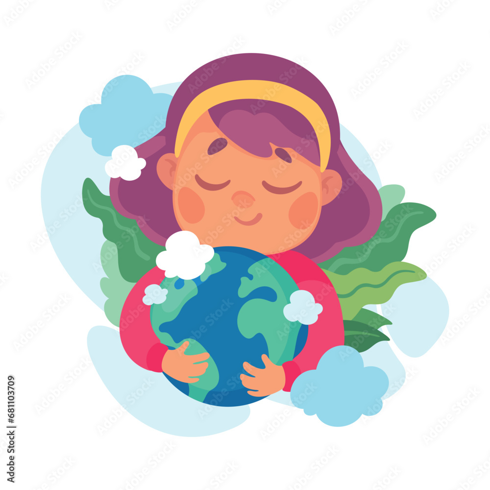 Ecology with Little Girl Character Tender Embrace Planet Earth Enjoy Sustainable Lifestyle Vector Illustration Ecology with Little Girl Character Tender Embrace Planet Earth Enjoy Sustainable Lifestyle Vector Illustration
