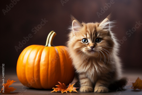Little cat and pumpkin on Halloween day © Inlovehem