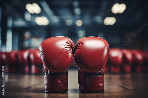 Close-up of boxing gloves in gym background