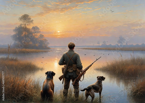 A person hunts ducks with a dog