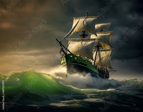 Historisches Segelschiff mit gesetzten Segeln im Sturm. Piratenschiff