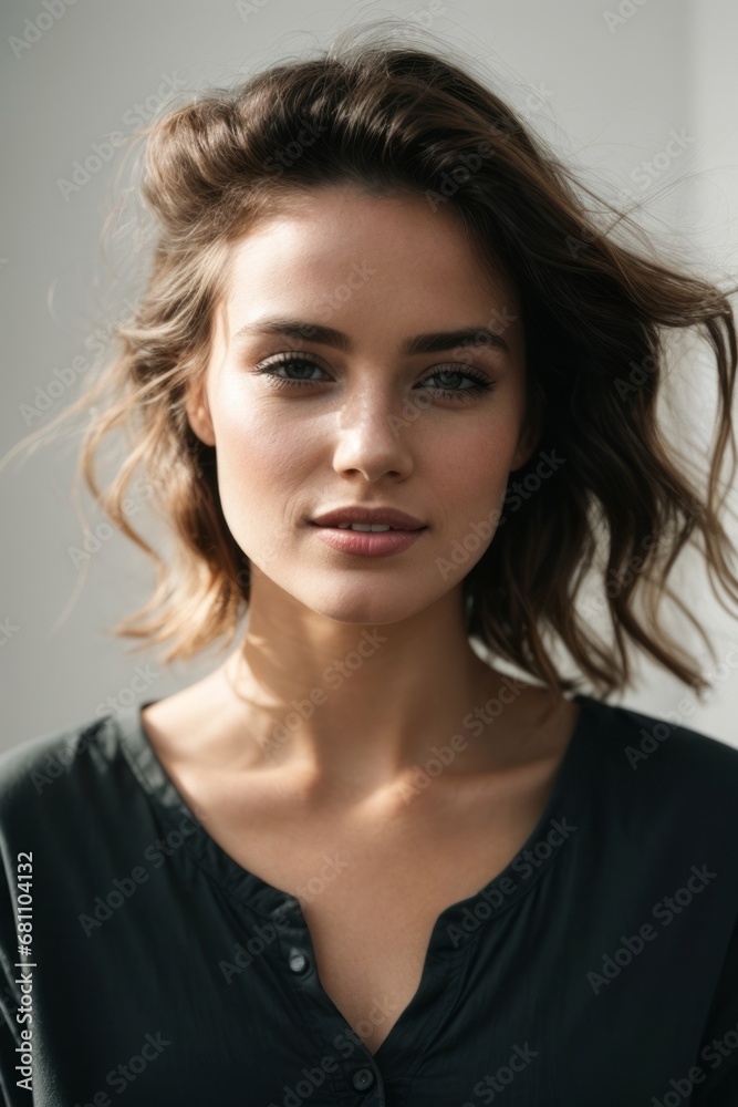 Close-up portrait of a beautiful happy smiling brunette woman wearing a black cat on a white background. Close-up portrait of a beautiful happy smiling brunette woman wearing a black cat on a white background.