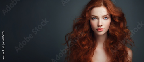  red hair and freckles woman with open eyes t. Beautiful portrait woman, advertising  skin isolated on dark gray background,