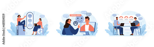 Diversity in the workplace set. Employees sharing emotions, promoting friendliness in a professional setting, and collaboratively assessing team dynamics. Digital interaction, mutual respect