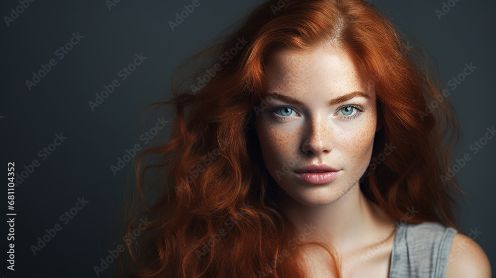 red hair and freckles woman with open eyes t. Beautiful portrait woman, advertising skin isolated on dark gray background, red hair and freckles woman with open eyes t. Beautiful portrait woman, advertising skin isolated on dark gray background,