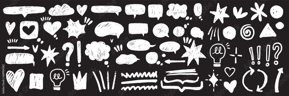 Speech bubble vector set, comic talk balloon doodle texture kit, hand drawn crayon cloud message. Speak sign dialog communication frame, hearts, arrow, question. Chalk marker speech bubble drawing box Speech bubble vector set, comic talk balloon doodle texture kit, hand drawn crayon cloud message. Speak sign dialog communication frame, hearts, arrow, question. Chalk marker speech bubble drawing box