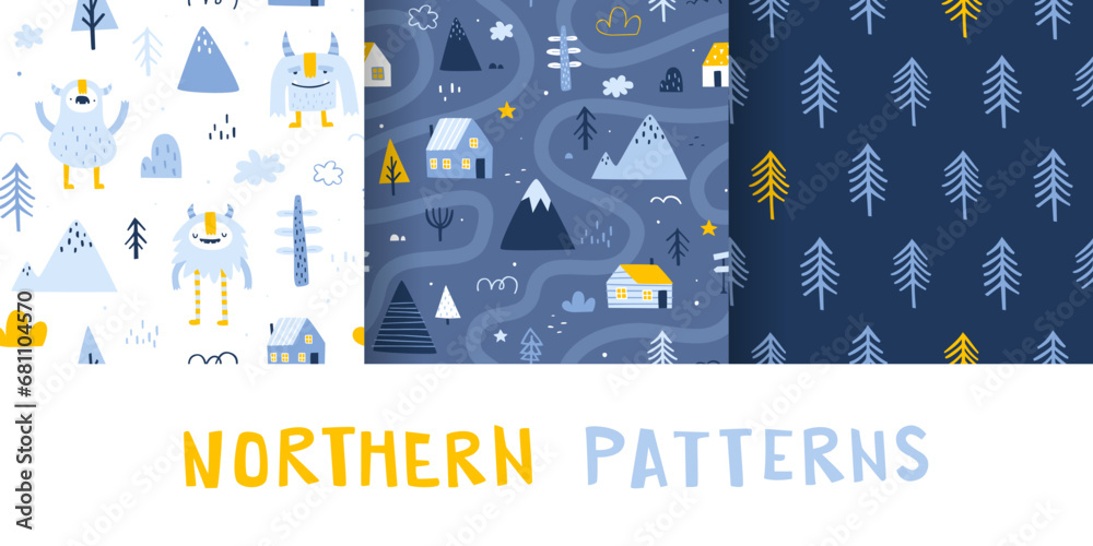 Set of scandinavian winter pattern with cute yeti. Seamless nordic vector print collection for kids textile. - obrazy, fototapety, plakaty 