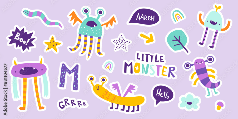 Set of cute doodle monster stickers. Vector collection of funny little monsters for kids. Bright cartoon beasts.