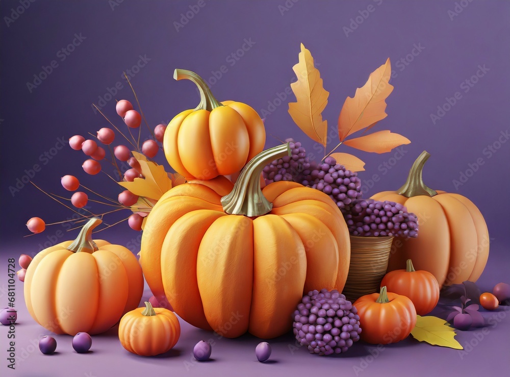 3D style pumpkins and autumn fruits on purple background