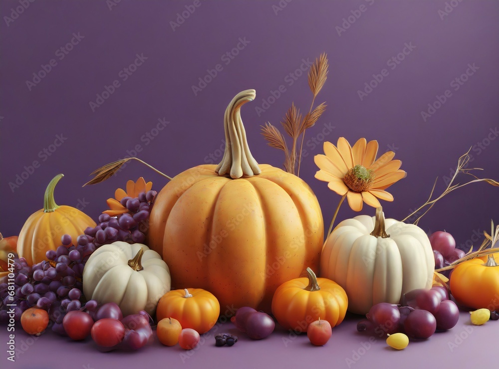 3D style pumpkins and autumn fruits on purple background 3D style pumpkins and autumn fruits on purple background