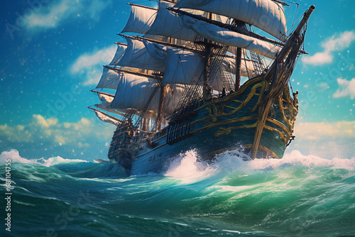 Historisches Segelschiff mit gesetzten Segeln im Sturm. Piratenschiff