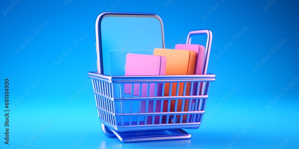 Online store on screen mobile phone with basket. Web Mockup for shopping and purchases. Banner template with empty copy space for promotion. 3D Rendering. Blue Online store on screen mobile phone with basket. Web Mockup for shopping and purchases. Banner template with empty copy space for promotion. 3D Rendering. Blue