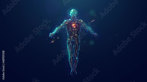 Abstract Animated Illustration of a Healthy Human Body Soaring with Glowing Blood Vessels and Pulsing Heart made of Neon Particles. 4K Looped Motion Graphic Background photo
