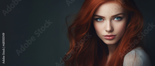  red hair and freckles woman with open eyes t. Beautiful portrait woman, advertising  skin isolated on dark gray background, © Uwe