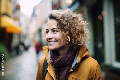 Wallpaper Mural A smiling Caucasian woman with curly hair wearing a yellow jacket on European urban street. Torontodigital.ca