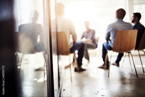 A blurred group of professionals in a bright meeting room  suggesting a corporate setting.