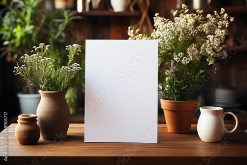 Blank paper or stick paper on wooden table photo