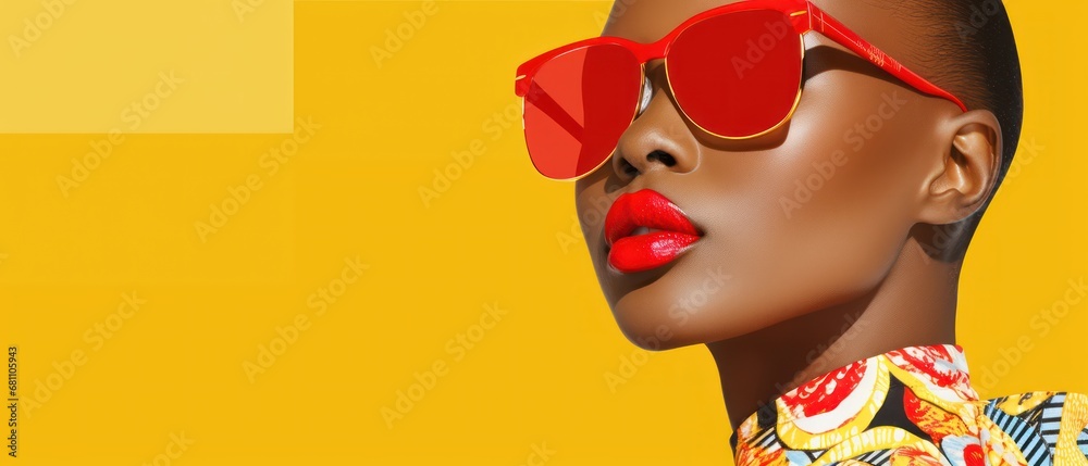 Abstract portraits of a woman wearing glasses. with copy-space for text. surreal portrait with yellow background