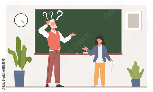 Bewildered teacher stands at blackboard. Confused man with question sign. Pupil and adult discussion. Teaching genius child. Cartoon flat illustration. Vector education and knowledge concept