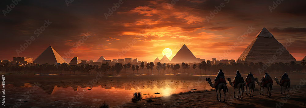 Panorama piramid w Kairze o zachodzie słońca.  - obrazy, fototapety, plakaty 