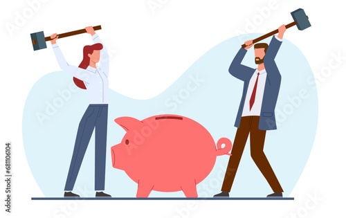Business man and woman want to break piggy bank. People with hammers. Investment decrease, budget deficit. Economical crisis. Cartoon flat isolated illustration. Vector finance problems concept