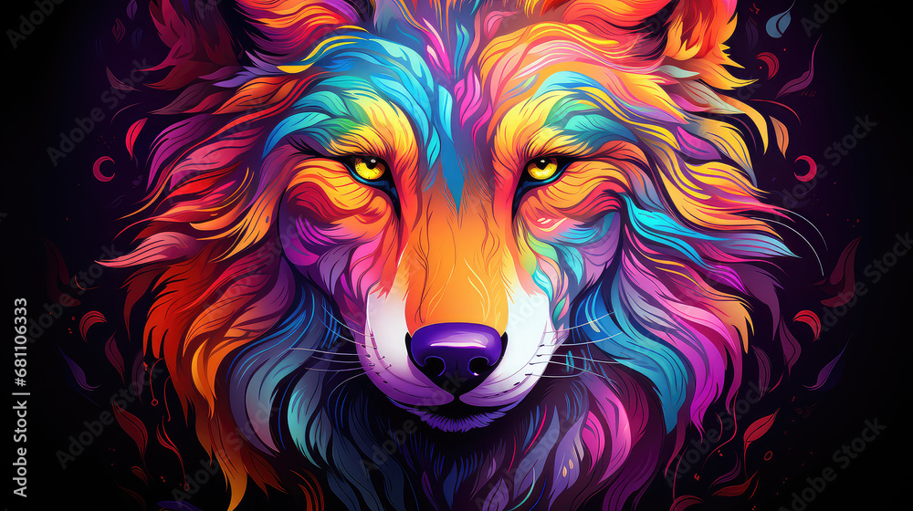 Abstrakcyjny kolorowy obraz przedstawiający twarz wilka. 