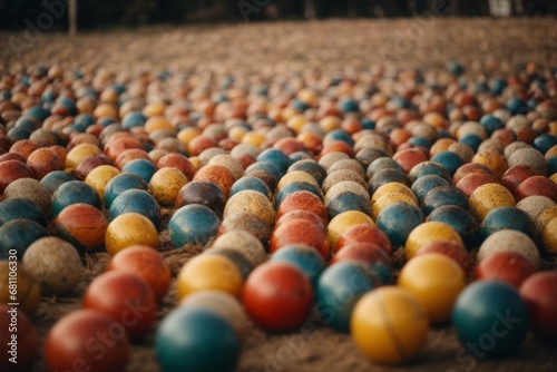 Lots of colorful balls on the field.