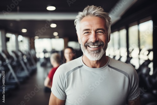 Elderly man smiling in the gym by Generative AI