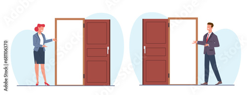 Businessman and woman with gesture welcome. Employee or entrepreneur standing near open door. Friendly person indoor entrance, greeting and inviting. Cartoon flat isolated vector concept