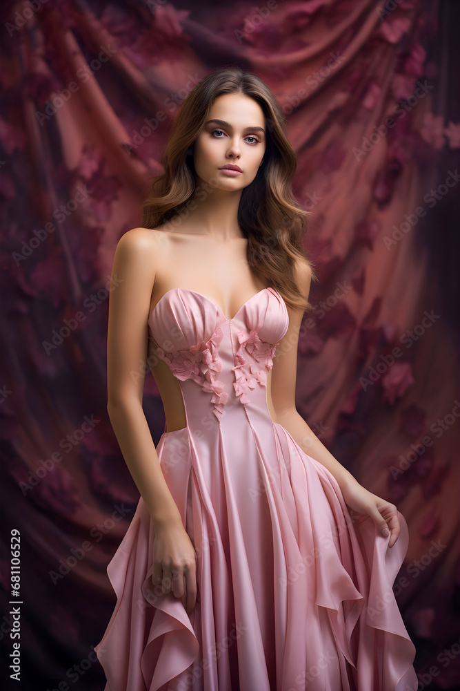 A beautiful model dressed in a luxury pink dress on a luxury background