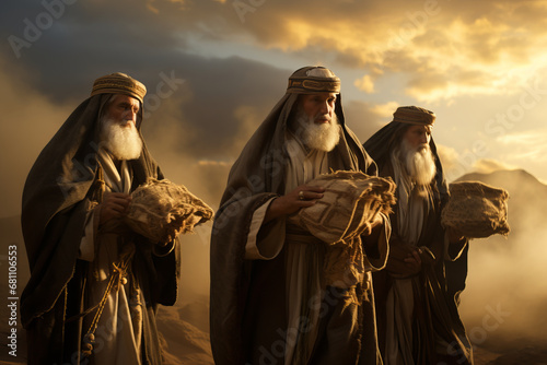 Fotografie, Obraz The three wise men or three kings on a journey to see the baby jesus