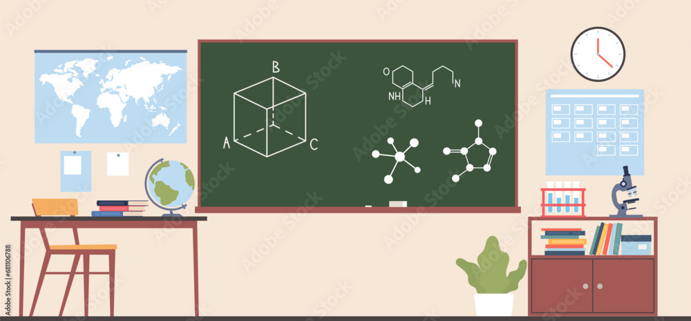 Classroom interior with blackboard and teachers desk. Chemistry or geography empty room. Books on shelves and timetable on wall, microscope and globe. Cartoon flat isolated vector concept
