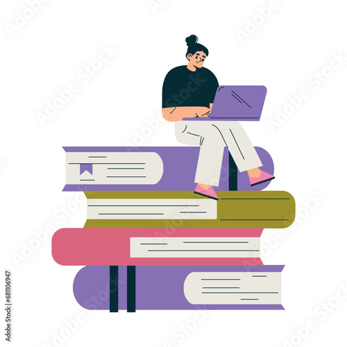 Education with Woman Character Sit on Pile of Books with Laptop Learning and Study Vector Illustration