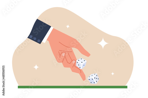 Concept of gambling in game, hand rolls dice. Casino equipment for poker games. Throwing craps, lucky and losing number random combinations. Cartoon flat isolated vector risk concept