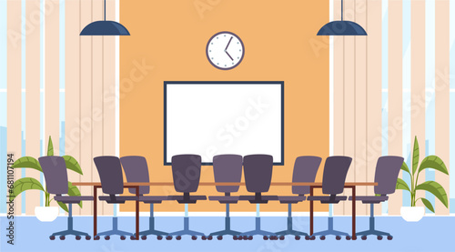 Conference room for business meetings, presentation or training. Empty office. Workplace with table and armchairs. Comfortable team communication area. Flat isolated vector concept