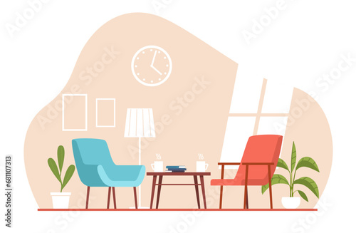 Cozy room with armchairs and small table with cups of tea. Apartment with furniture. Comfortable indoor area design. Modern comfortable interior. Cartoon flat isolated vector concept